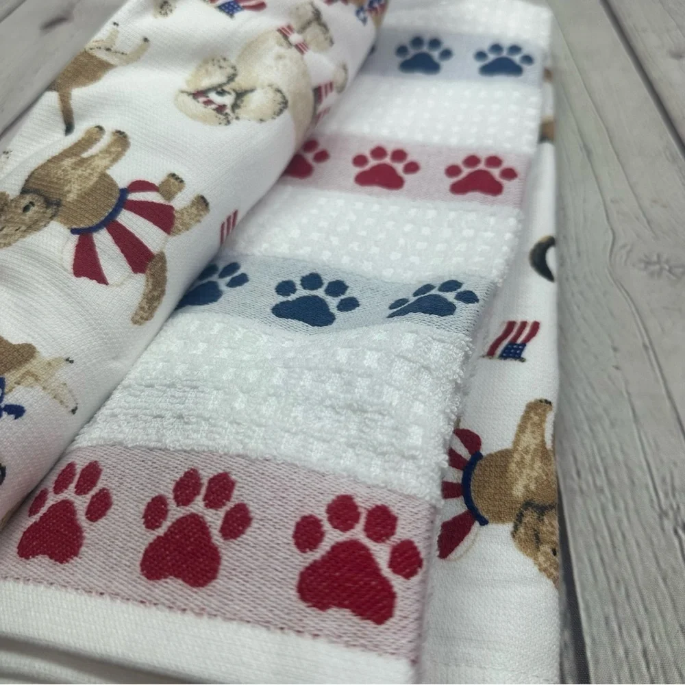 NWT Patriotic Dog Print Kitchen Towel 100% cotton set of 3
